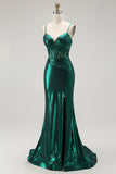 Vert foncé Sirène Métallisé Plissé Corset Longue Robe de soirée Avec Fente
