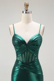 Vert foncé Sirène Métallisé Plissé Corset Longue Robe de soirée Avec Fente