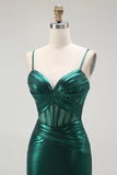 Vert foncé Sirène Métallisé Plissé Corset Longue Robe de soirée Avec Fente