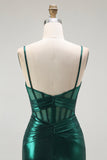 Vert foncé Sirène Métallisé Plissé Corset Longue Robe de soirée Avec Fente