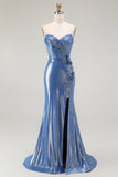 Sirène Corset Paillettes Sweetheart Robe de soirée bleue perlée avec fente