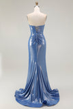 Sirène Corset Paillettes Sweetheart Robe de soirée bleue perlée avec fente