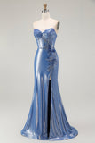 Sirène Corset Paillettes Sweetheart Robe de soirée bleue perlée avec fente