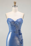 Sirène Corset Paillettes Sweetheart Robe de soirée bleue perlée avec fente