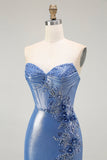 Sirène Corset Paillettes Sweetheart Robe de soirée bleue perlée avec fente