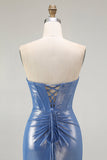 Sirène Corset Paillettes Sweetheart Robe de soirée bleue perlée avec fente