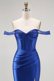 Bleu royal Sirène à épaules dénudées Corset Robe de bal longue avec perles