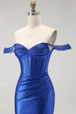 Bleu royal Sirène à épaules dénudées Corset Robe de bal longue avec perles