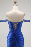 Bleu royal Sirène à épaules dénudées Corset Robe de bal longue avec perles