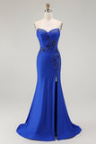 Robe de soirée longue perlée dos sans bretelles sirène bleu royal avec fente