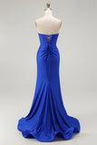 Robe de soirée longue perlée dos sans bretelles sirène bleu royal avec fente