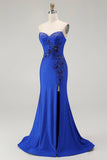 Robe de soirée longue perlée dos sans bretelles sirène bleu royal avec fente