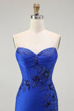 Robe de soirée longue perlée dos sans bretelles sirène bleu royal avec fente