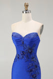 Robe de soirée longue perlée dos sans bretelles sirène bleu royal avec fente