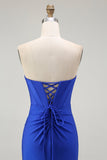Robe de soirée longue perlée dos sans bretelles sirène bleu royal avec fente