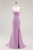 Sirène violette spaghetti bretelles Corset Robe de soirée longue avec fente