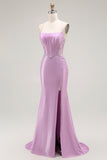 Sirène violette spaghetti bretelles Corset Robe de soirée longue avec fente