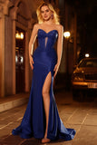Robe de soirée longue sans bretelles corset perlée sirène bleu royal avec fente