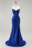 Robe de soirée longue sans bretelles corset perlée sirène bleu royal avec fente