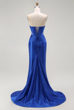 Robe de soirée longue sans bretelles corset perlée sirène bleu royal avec fente