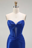 Robe de soirée longue sans bretelles corset perlée sirène bleu royal avec fente