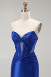 Robe de soirée longue sans bretelles corset perlée sirène bleu royal avec fente
