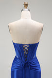 Robe de soirée longue sans bretelles corset perlée sirène bleu royal avec fente