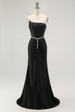 Robe de bal longue corset sans bretelles sirène noire avec perles