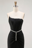 Robe de bal longue corset sans bretelles sirène noire avec perles