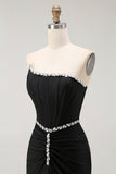 Robe de bal longue corset sans bretelles sirène noire avec perles