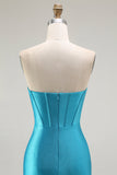 Sirène sans bretelles corset perlé bleu Robe de soirée avec fente à volants