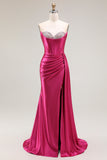 Robe de bal longue plissée plissée perlée fuchsia sirène scintillante avec fente