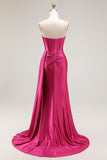 Robe de bal longue plissée plissée perlée fuchsia sirène scintillante avec fente