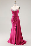 Robe de bal longue plissée plissée perlée fuchsia sirène scintillante avec fente