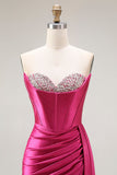 Robe de bal longue plissée plissée perlée fuchsia sirène scintillante avec fente