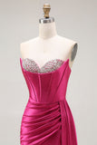 Robe de bal longue plissée plissée perlée fuchsia sirène scintillante avec fente