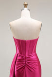 Robe de bal longue plissée plissée perlée fuchsia sirène scintillante avec fente