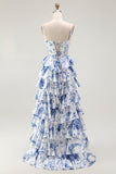 Corset floral blanc bleu Une Robe de soirée à plusieurs niveaux