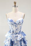 Corset floral blanc bleu Une Robe de soirée à plusieurs niveaux