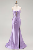 Sirène violette spaghetti bretelles Corset perlé longue robe de bal avec fente