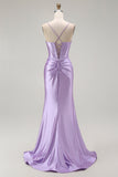 Sirène violette spaghetti bretelles Corset perlé longue robe de bal avec fente
