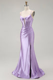Sirène violette spaghetti bretelles Corset perlé longue robe de bal avec fente