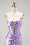 Sirène violette spaghetti bretelles Corset perlé longue robe de bal avec fente