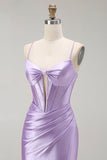 Sirène violette spaghetti bretelles Corset perlé longue robe de bal avec fente