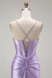 Sirène violette spaghetti bretelles Corset perlé longue robe de bal avec fente