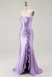 Violet Sirène Corset Ruché Robe de Bal Longue avec Fente à Volants