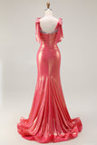 Robe De Soirée longue froncée perlée corail métallique Sirène avec fente