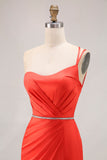 Robe de soirée sirène orange perlée à une épaule avec fente longue