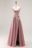 Robe de soirée longue gris rose à fente élégante et appliqués floraux