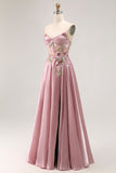 Robe de soirée longue gris rose à fente élégante et appliqués floraux
